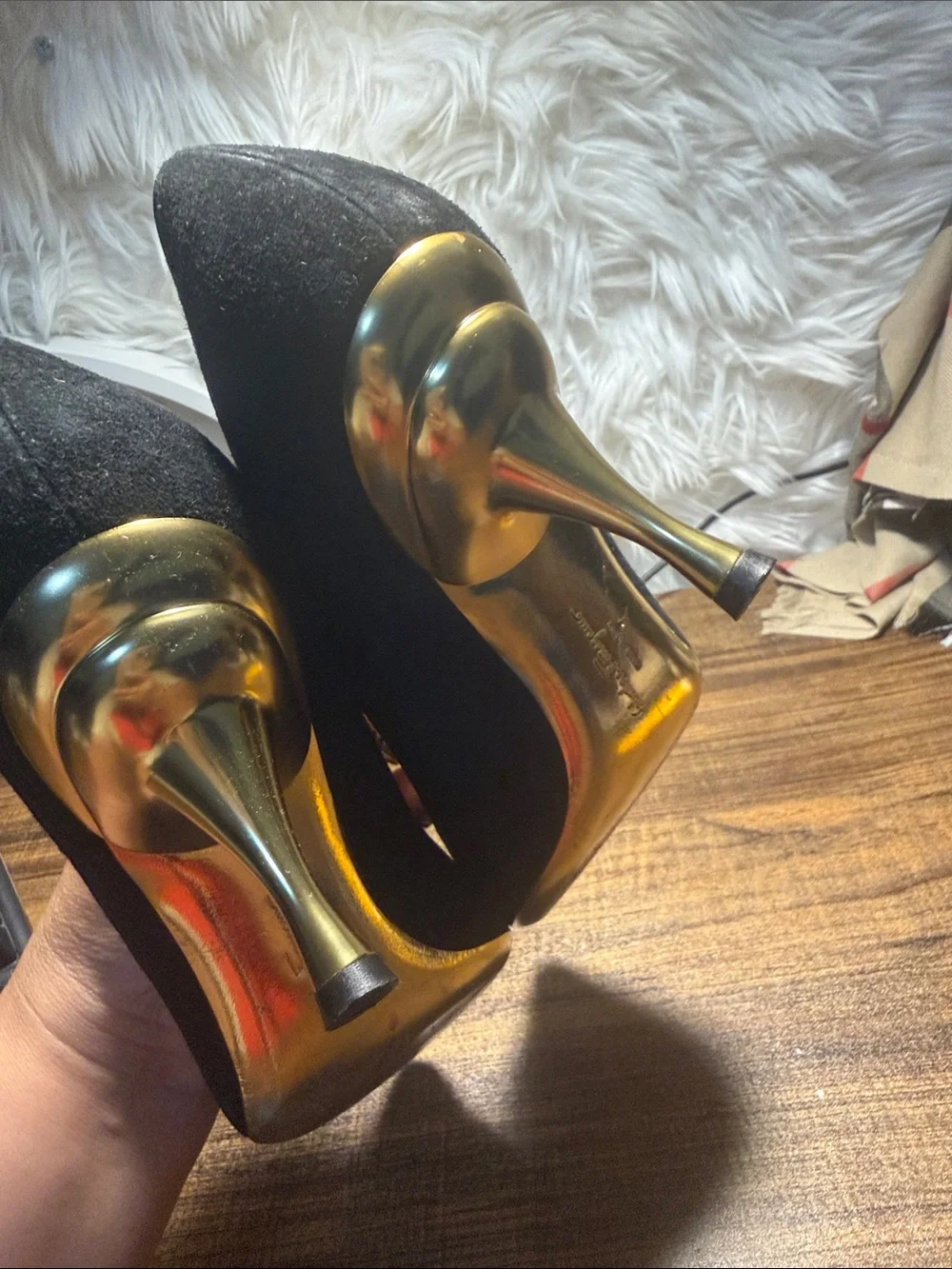 Salvatore Ferragamo Black Suede Pointed Pumps with Gold Insole